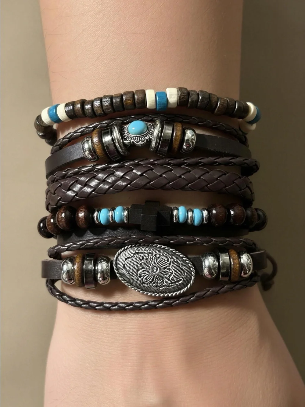 Leatherock Brown Leather Multi-Strand Bracelet with Turquoise Beads
